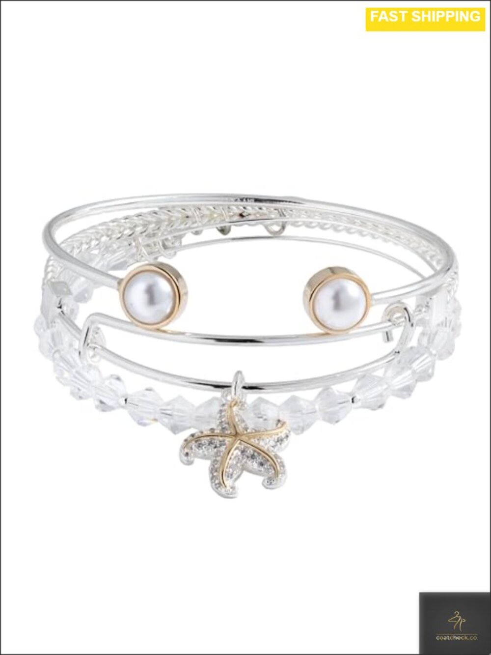 Textured Starfish Charm Bangle Set Expandable Two-Tone Stackable Bracelets